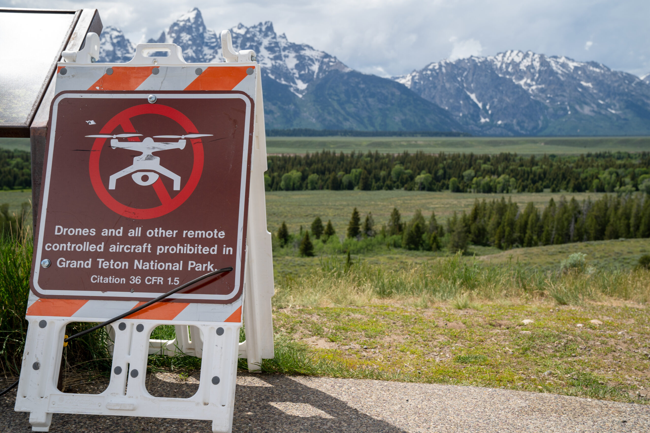 Road Sign Prohibiting Drones In Grand Teton National Park